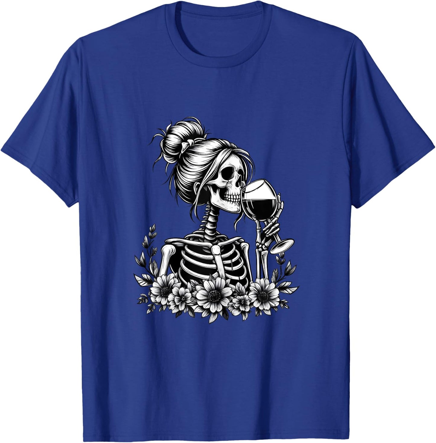 Female Skeleton Wine Drinking Messy Bun Vintage Halloween T-Shirt - T-Shirt | Royal