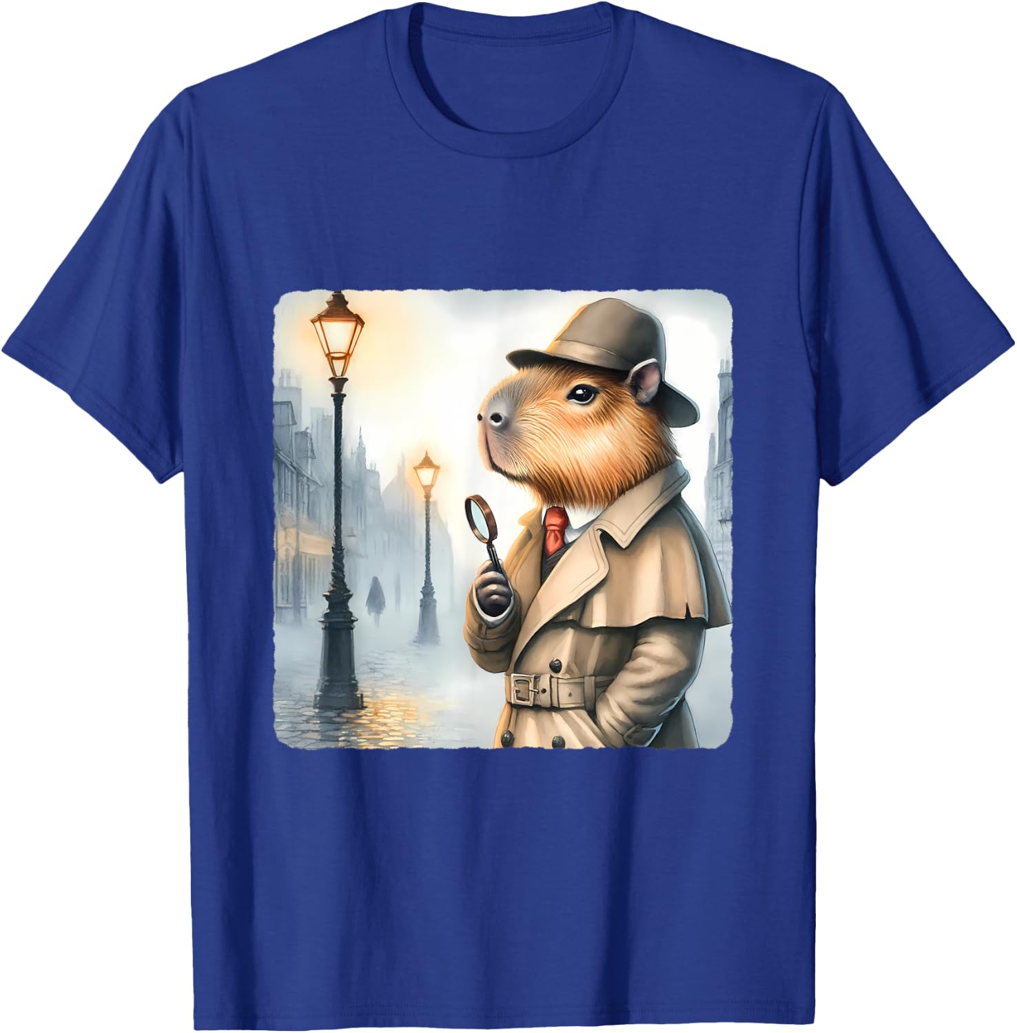 Capybara Detective With Magnifying Glass. Trench Coat Hat T-Shirt - T-Shirt | Royal