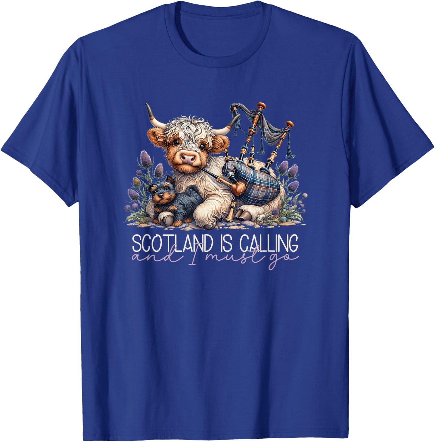 Scotland is Calling Scottish Highland Cow Bagpipes & Thistle T-Shirt - T-Shirt | Royal