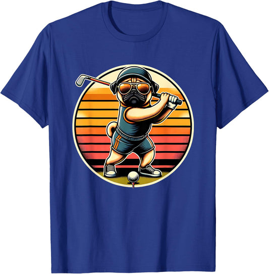 Pug Dog Golfer With Sunglasses Funny Golfing Art Men Women Kids T-Shirt - T-Shirt | Royal
