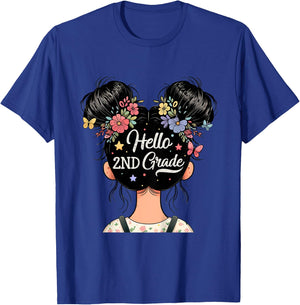 Kids Hello 2nd Grade Messy Hair Bun Girl Back To School Kids T-Shirt - T-Shirt | Royal