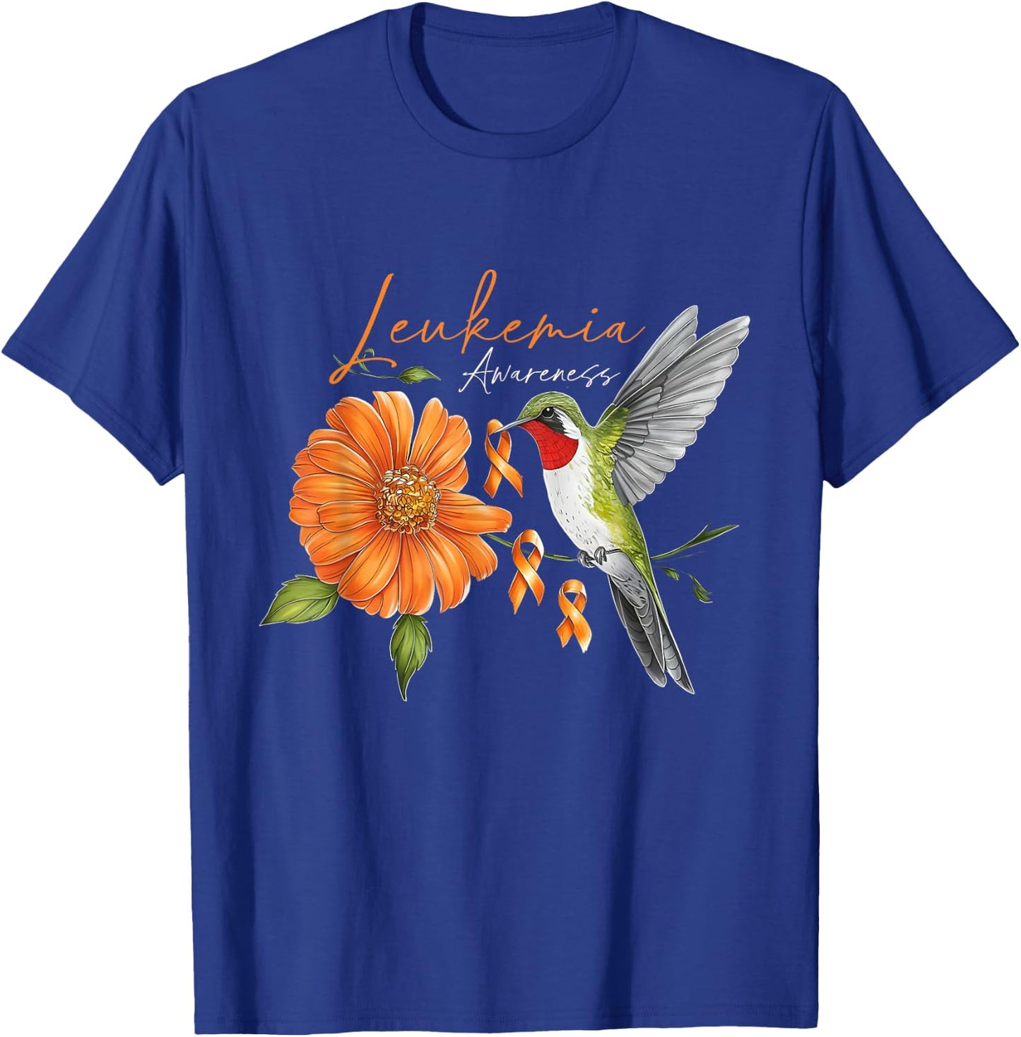 Hummingbird Orange Ribbon Sunflower Daisy Leukemia Awareness T-Shirt - T-Shirt | Royal