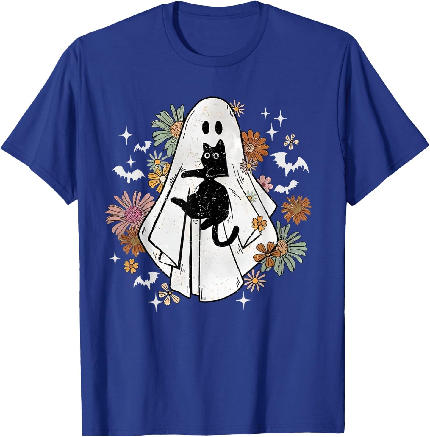 Spooky Ghost Holding Black Cat Groovy Floral Halloween Goth T-Shirt - T-Shirt | Royal