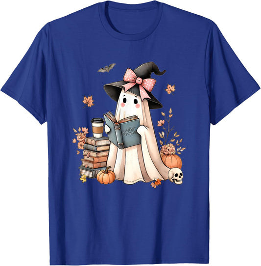 Cute Ghost Reading Book Librarian Book Lover T-Shirt - T-Shirt | Royal