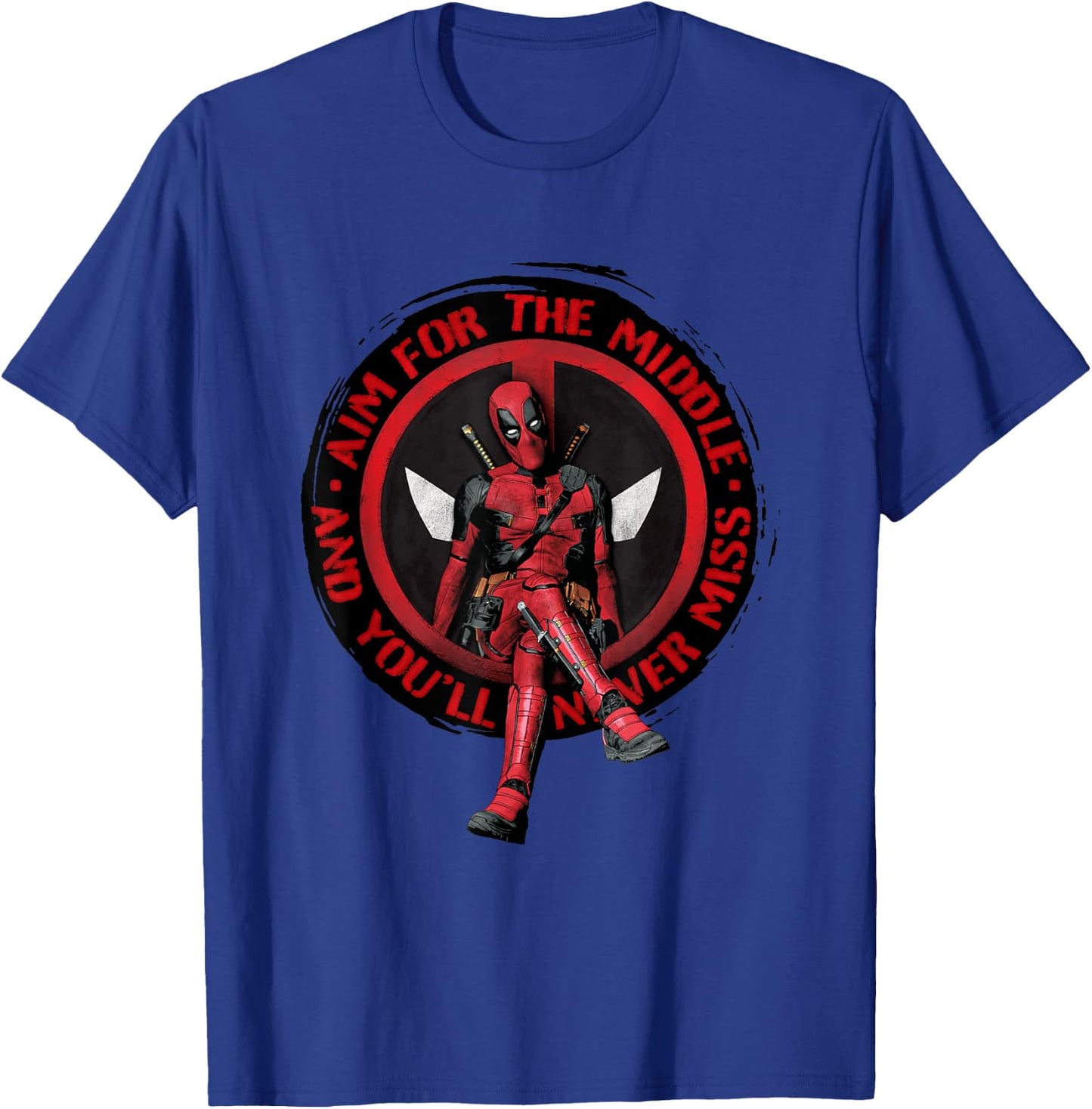 Marvel Deadpool & Wolverine Aim For The Middle Distressed T-Shirt - T-Shirt | Royal