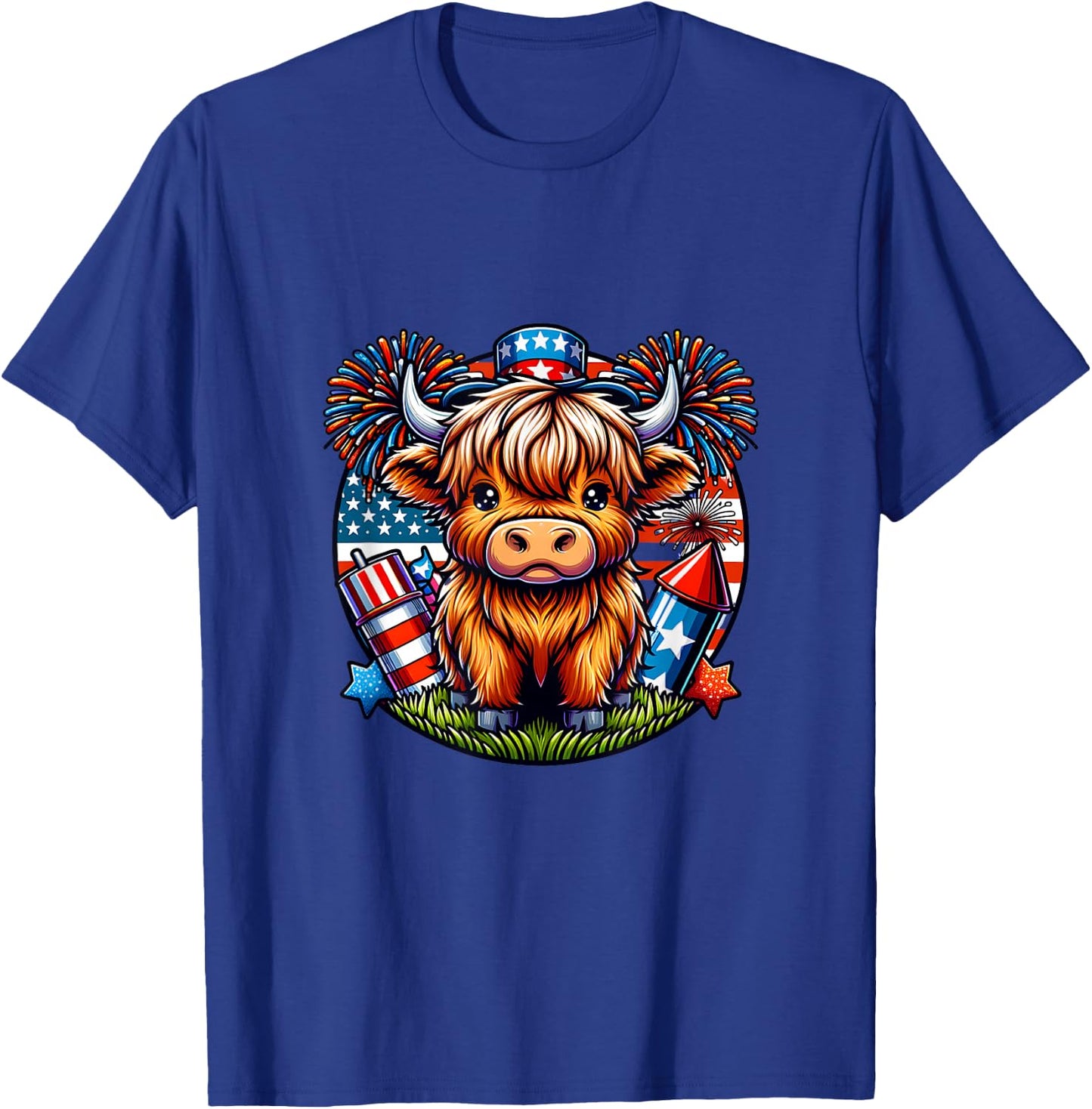 4th of July Highland Cow Patriotic Cute Cow Farmer T-Shirt - T-Shirt | Royal