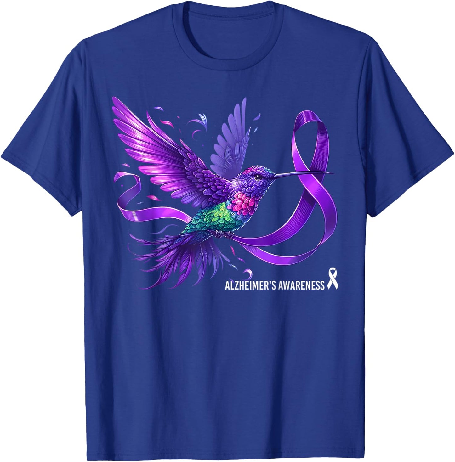 Hummingbird Holding Purple Ribbon Alzheimer's Awareness T-Shirt - T-Shirt | Royal