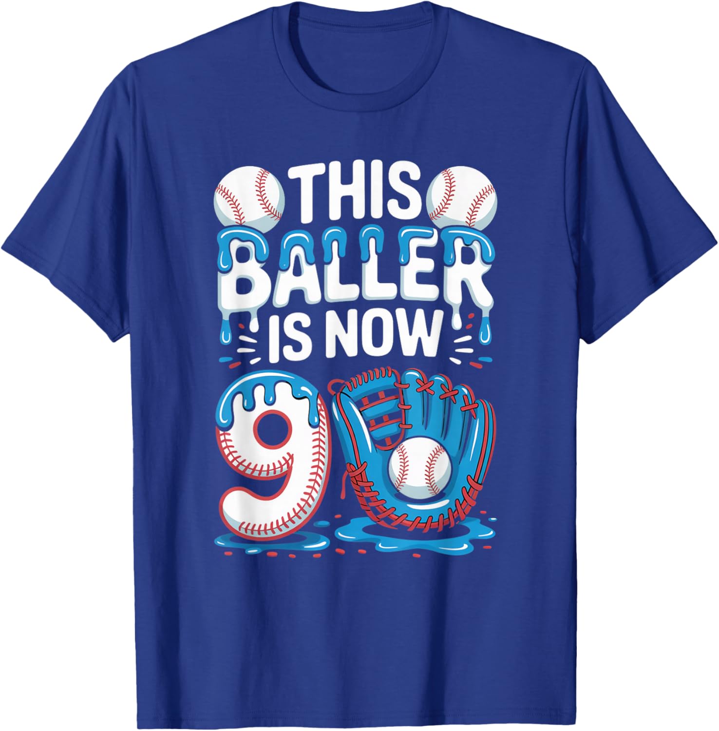 This Baller Is Now 9 Ice Cream Drip Kids Game Baseball Drip T-Shirt - T-Shirt | Royal
