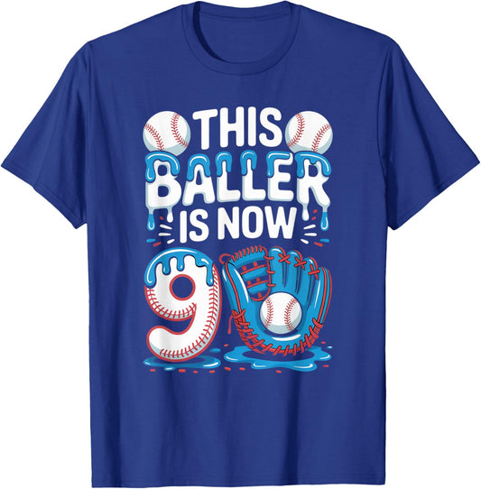 This Baller Is Now 9 Ice Cream Drip Kids Game Baseball Drip T-Shirt - T-Shirt | Royal