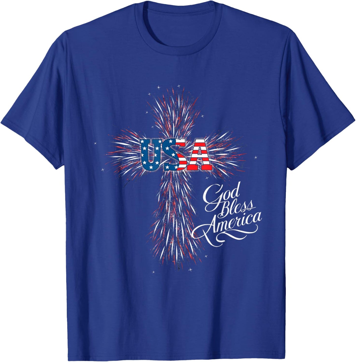 USA God Bless America Patriotic Fireworks Cross Women Men T-Shirt - T-Shirt | Royal