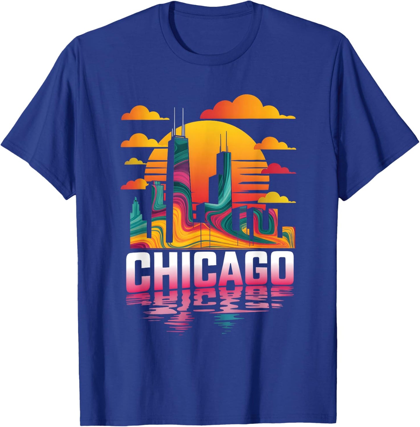 Chicago City Skyline Retro Sunset Illinois Travel Souvenir T-Shirt - T-Shirt | Royal