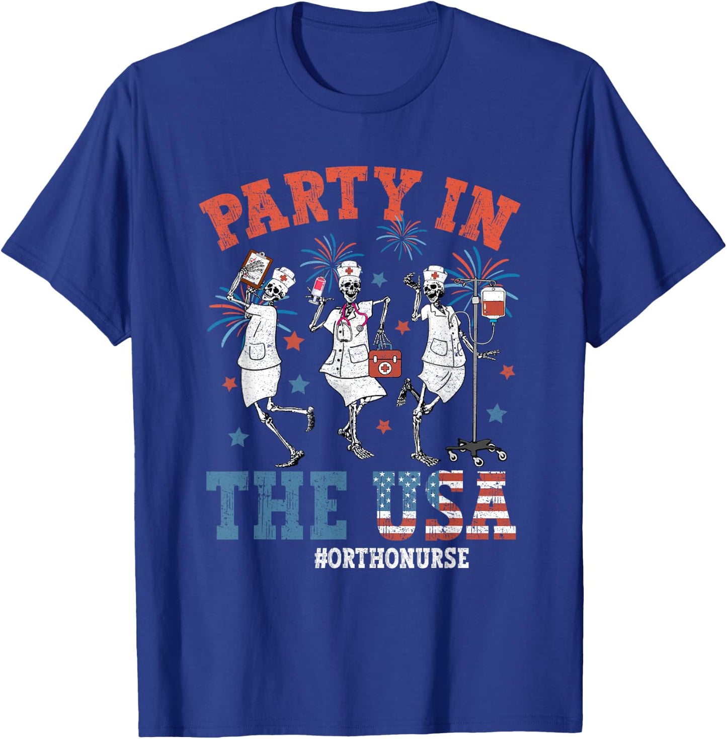 Vintage Skeleton Ortho nurse Funny 4th Of July Gifts Women Men T-Shirt - T-Shirt | Royal