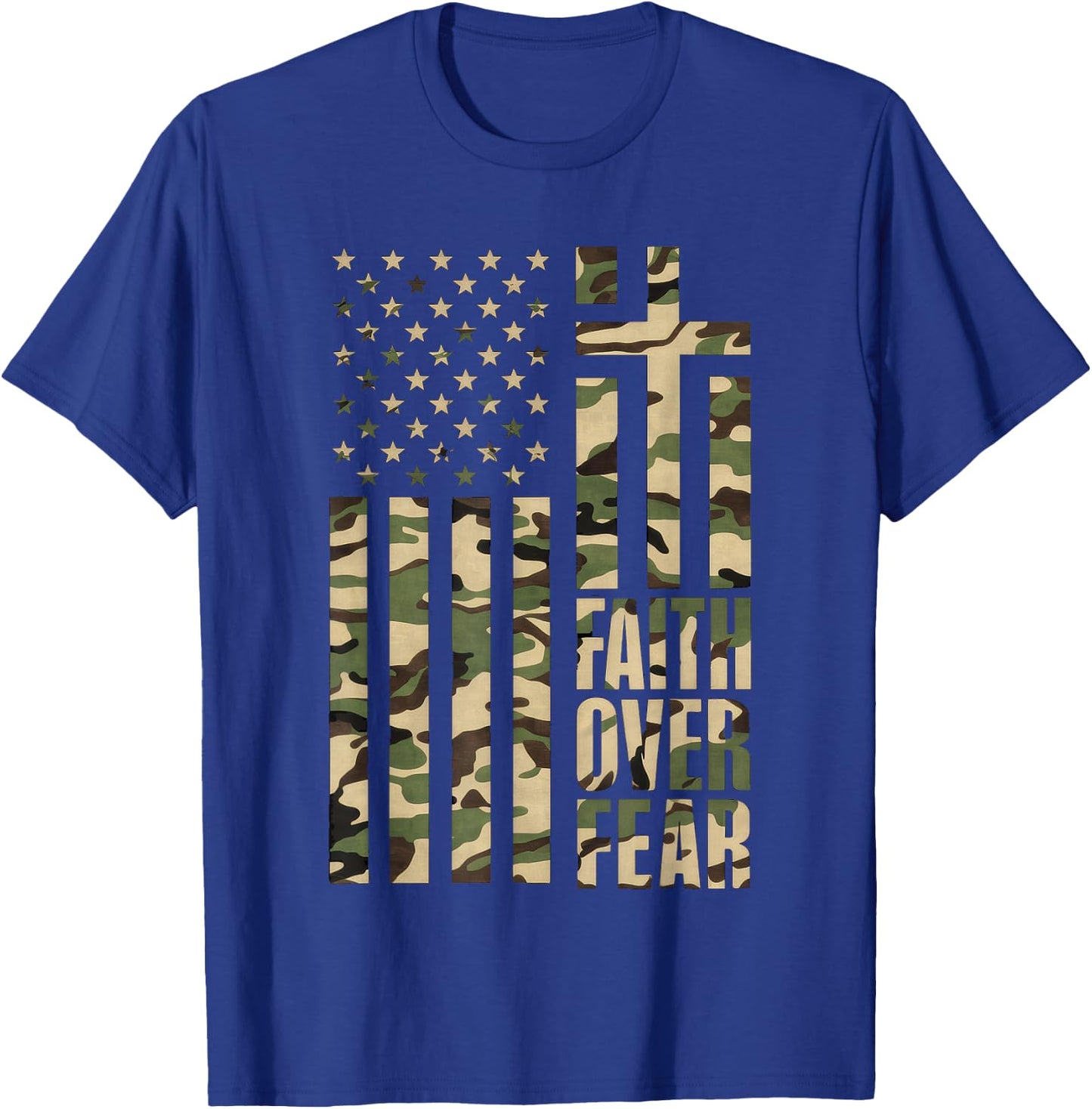 Christian USA Flag Cross Back Print Faith Over Fear Top T-Shirt - T-Shirt | Royal