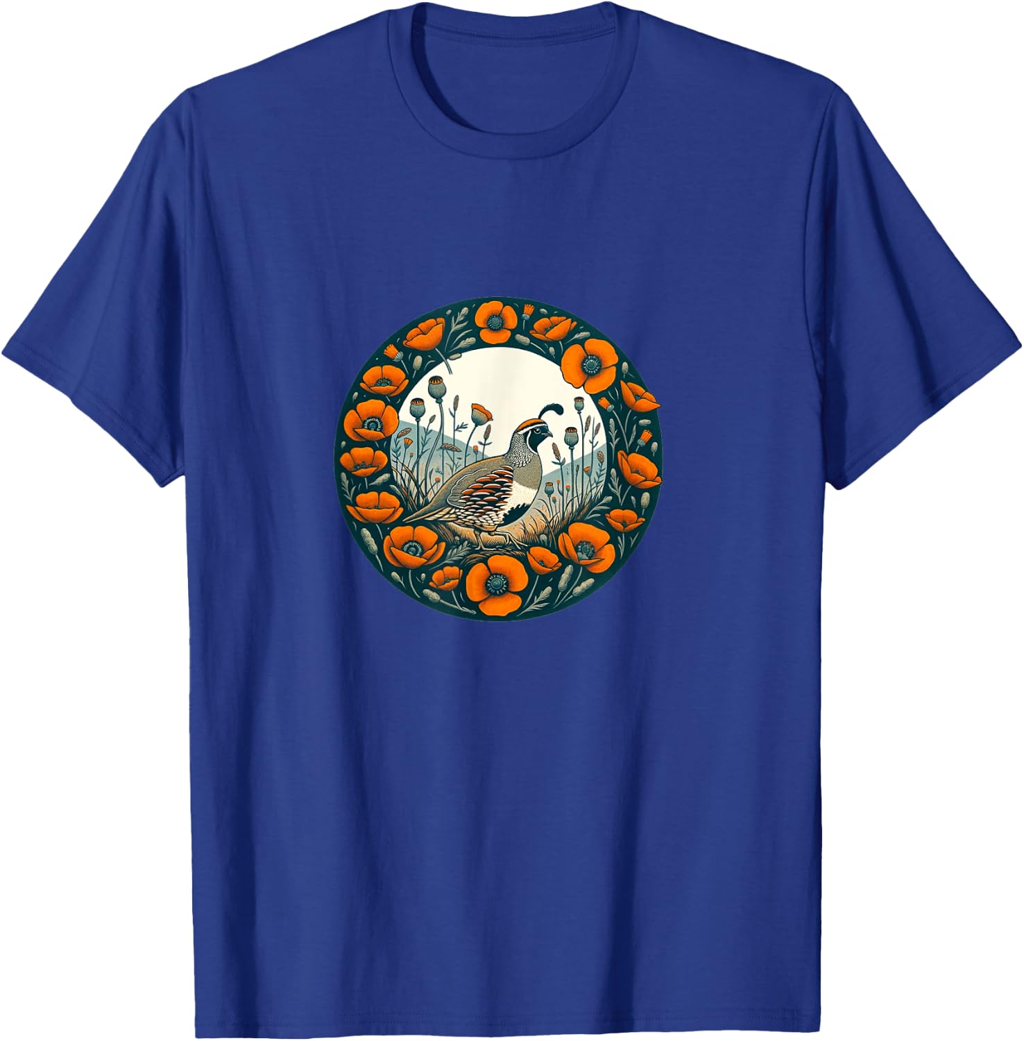California Poppy and California quail State bird T-Shirt - T-Shirt | Royal