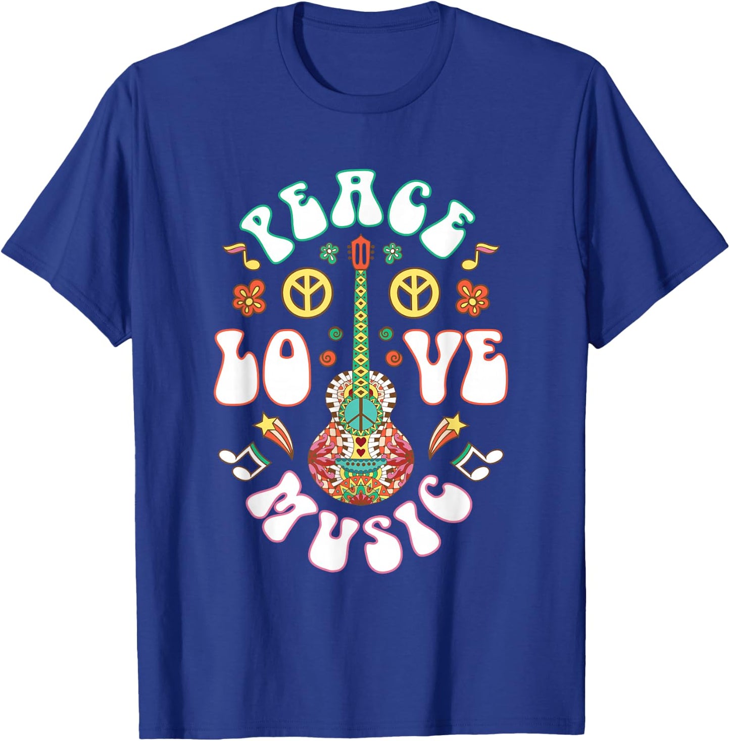 Hippie Hippies Peace Love Music Guitar Retro Hippy Gift T-Shirt - T-Shirt | Royal
