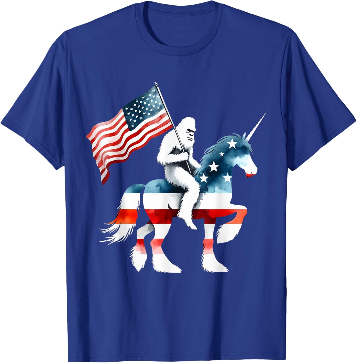 Patriotic Bigfoot Riding Unicorn American Flag 4th Of July Women Kids Men T-Shirt - T-Shirt | Royal
