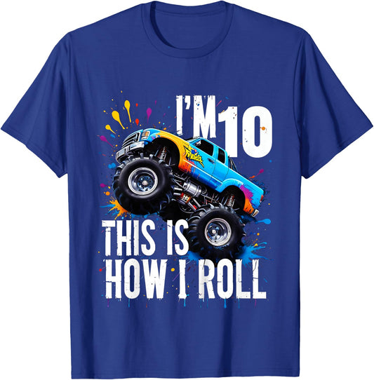 Kids I'm 10 This Is How I Roll Monster Truck Birthday 10th Years T-Shirt - T-Shirt | Royal