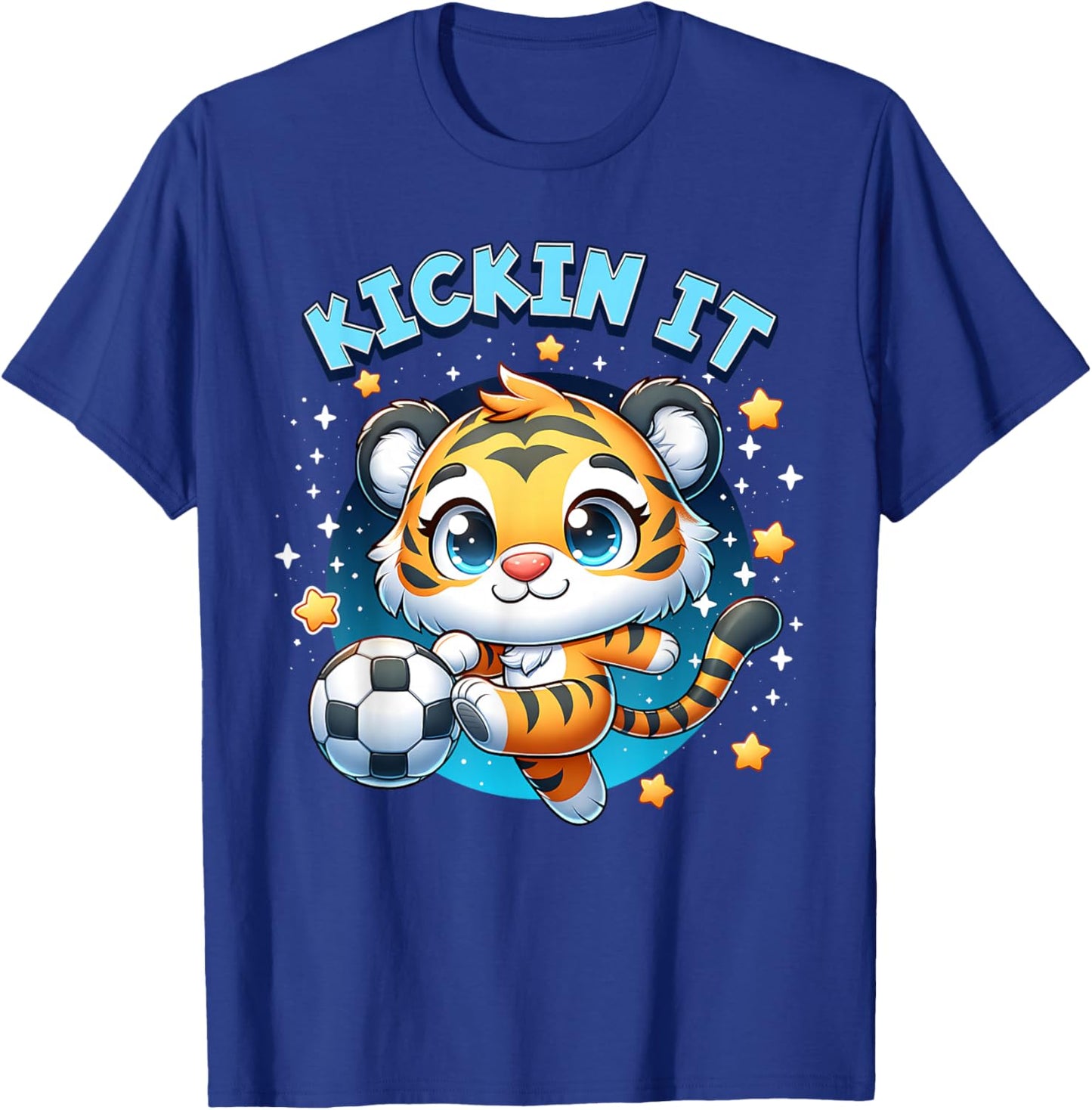 Kickin It Tiger Playing Soccer Kicking Ball Player Girl Boy T-Shirt - T-Shirt | Royal