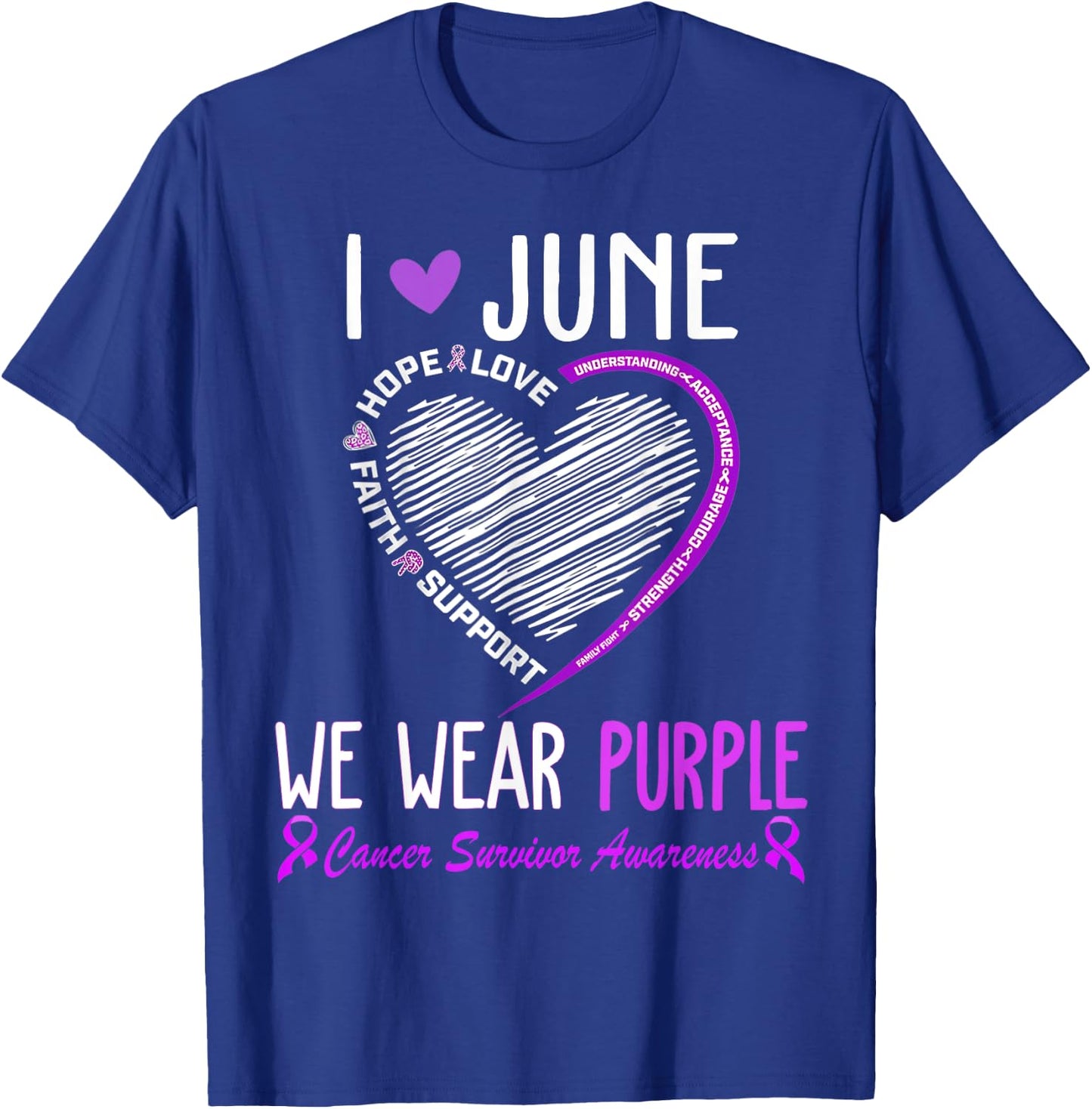 In June We Wear Purple Cancer Survivor Awareness Heart T-Shirt - T-Shirt | Royal