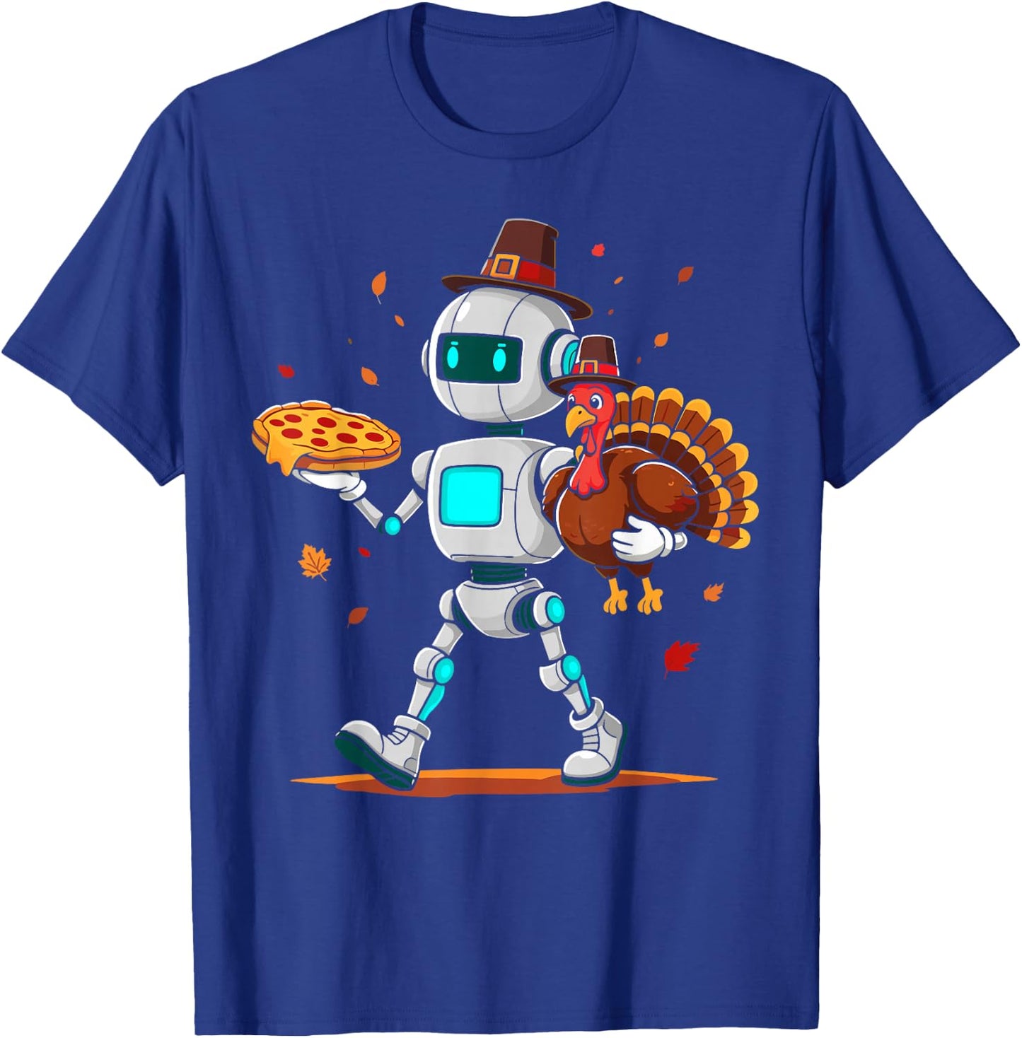 Robot holding turkey pizza thanksgiving fall kids men women T-Shirt - T-Shirt | Royal