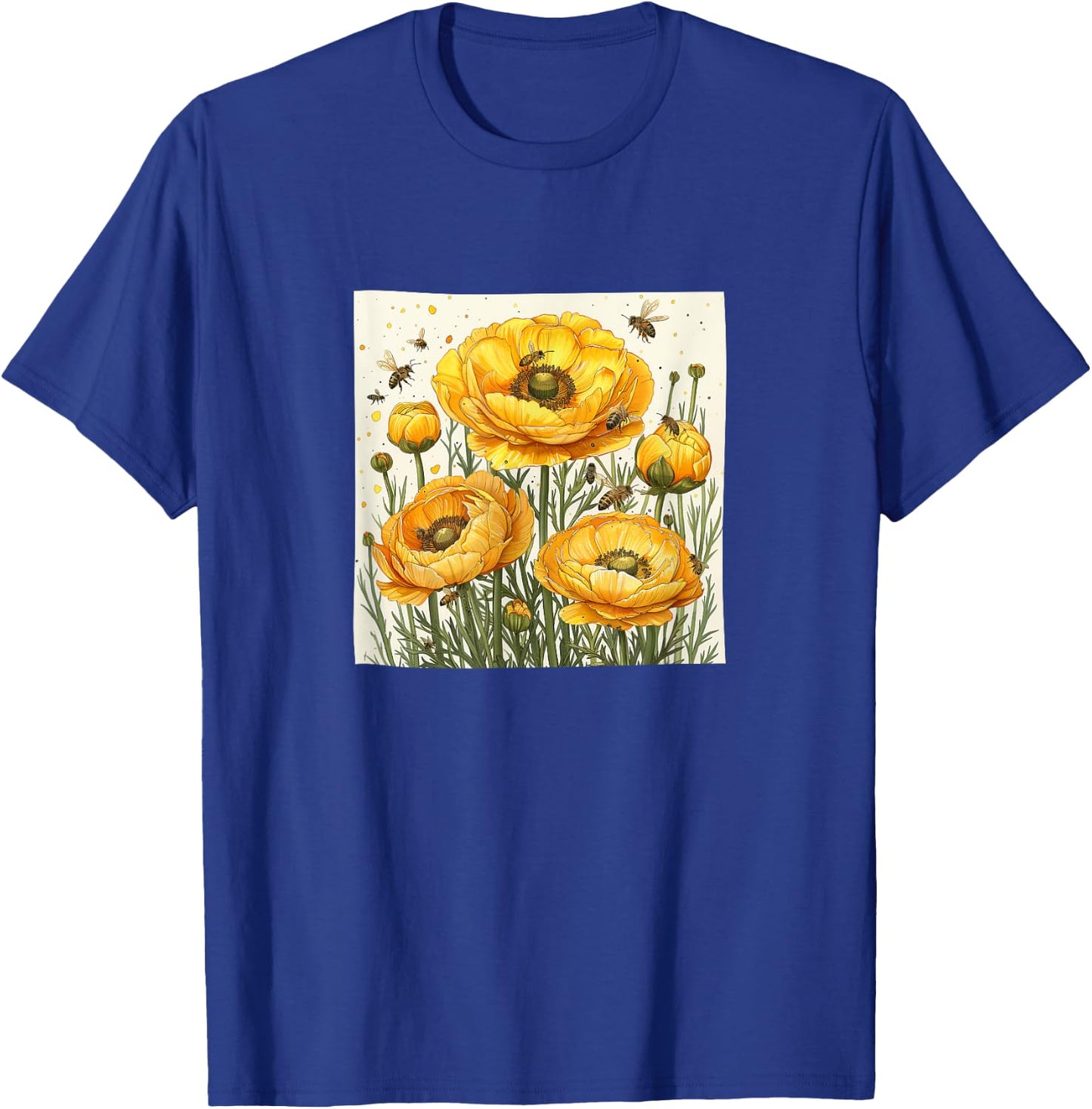 Ranunculus Flower Blooming With Bees Around Graphic T-Shirt - T-Shirt | Royal