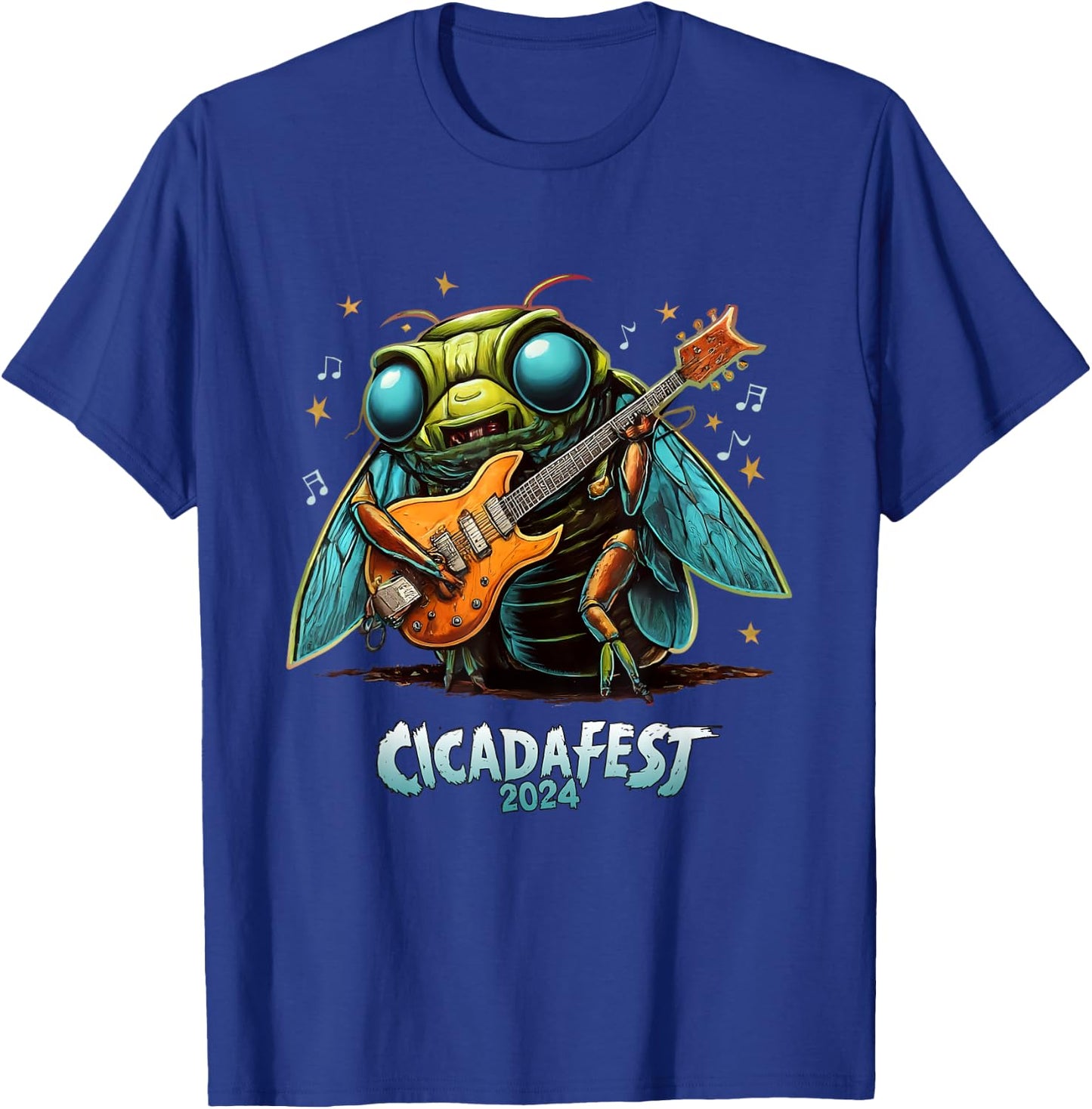 Dibble Dabble Designs Cicadas Cicada fest 2024 Guitar Playing Cicada , Small, Black T-Shirt - T-Shirt | Royal