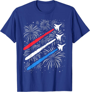 Red White and Blue Fighter Jets with Fireworks 4th of July T-Shirt - T-Shirt | Royal