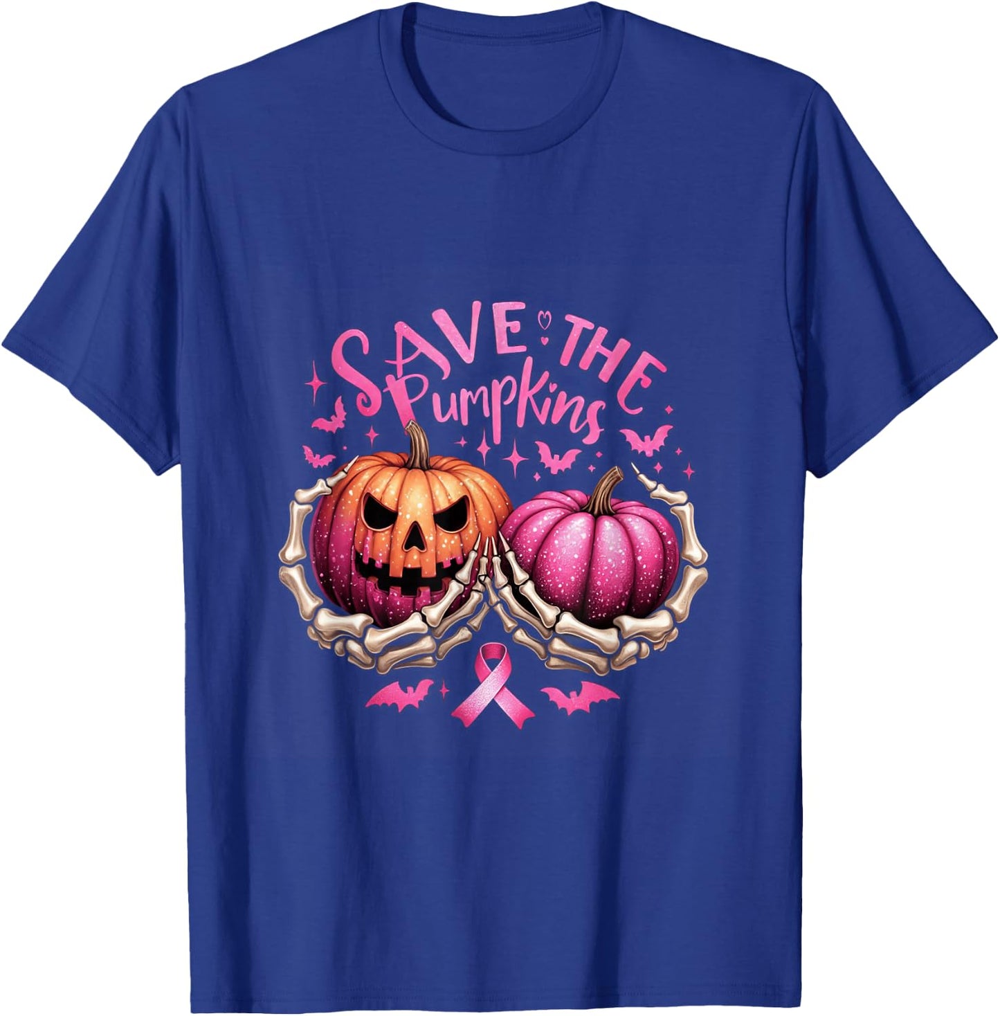 Save The Pumpkins Skeleton Halloween Breast Cancer Awareness T-Shirt - T-Shirt | Royal