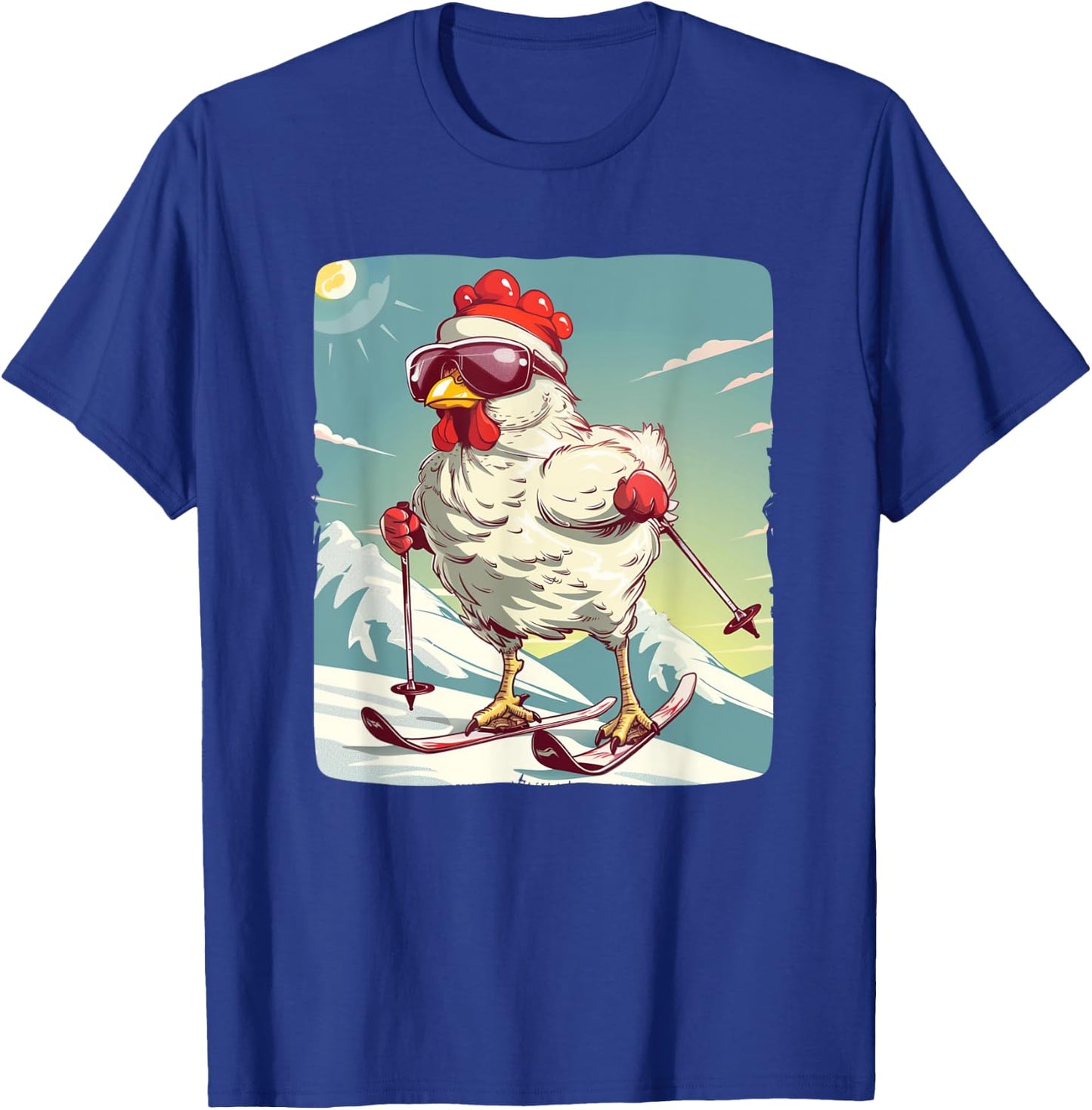 Funny Winter Chicken with Cross-country skiing Shoes Outfit T-Shirt - T-Shirt | Royal