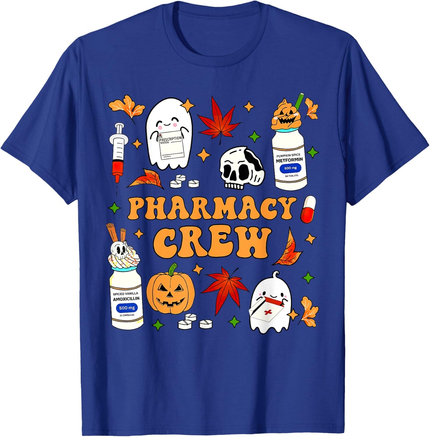 Pharmacy Crew Ghost Pumpkin Fall Pharmacist Tech Halloween T-Shirt - T-Shirt | Royal