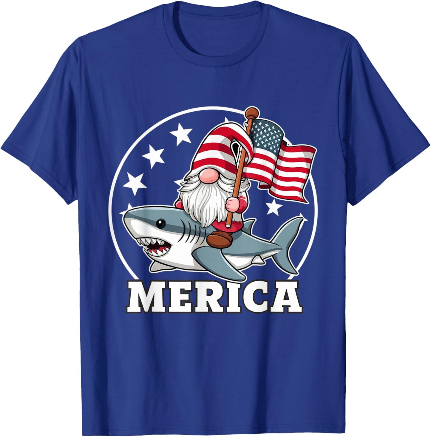 Funny Gnome Riding Shark American Flag USA 4th of July T-Shirt - T-Shirt | Royal