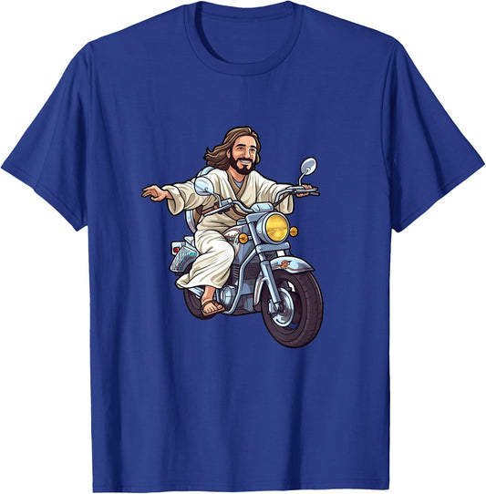 Funny Jesus Christ on a Bike God Fun Church Gift T-Shirt - T-Shirt | Royal