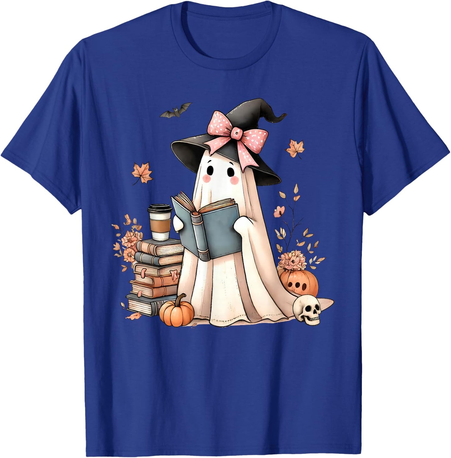 Retro Halloween Ghost Reading Books Teacher T-Shirt - T-Shirt | Royal