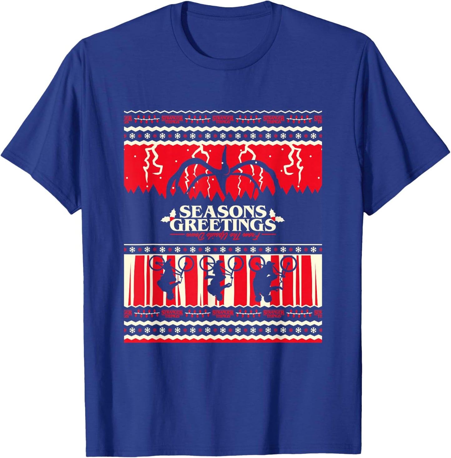 Stranger Things Christmas Seasons Greetings Upside Down Logo T-Shirt - T-Shirt | Royal