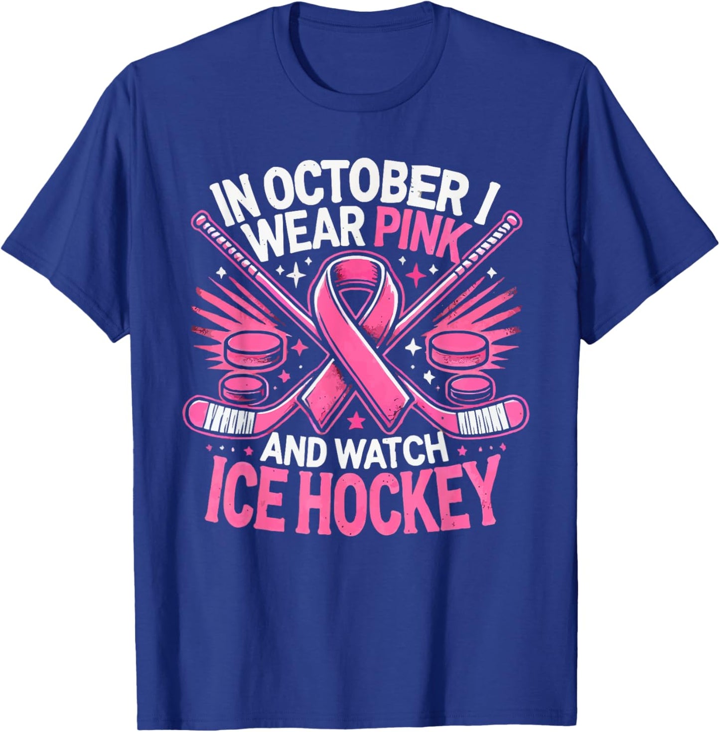 Ice Hockey Breast Cancer Awareness Month Pink Ribbon T-Shirt - T-Shirt | Royal