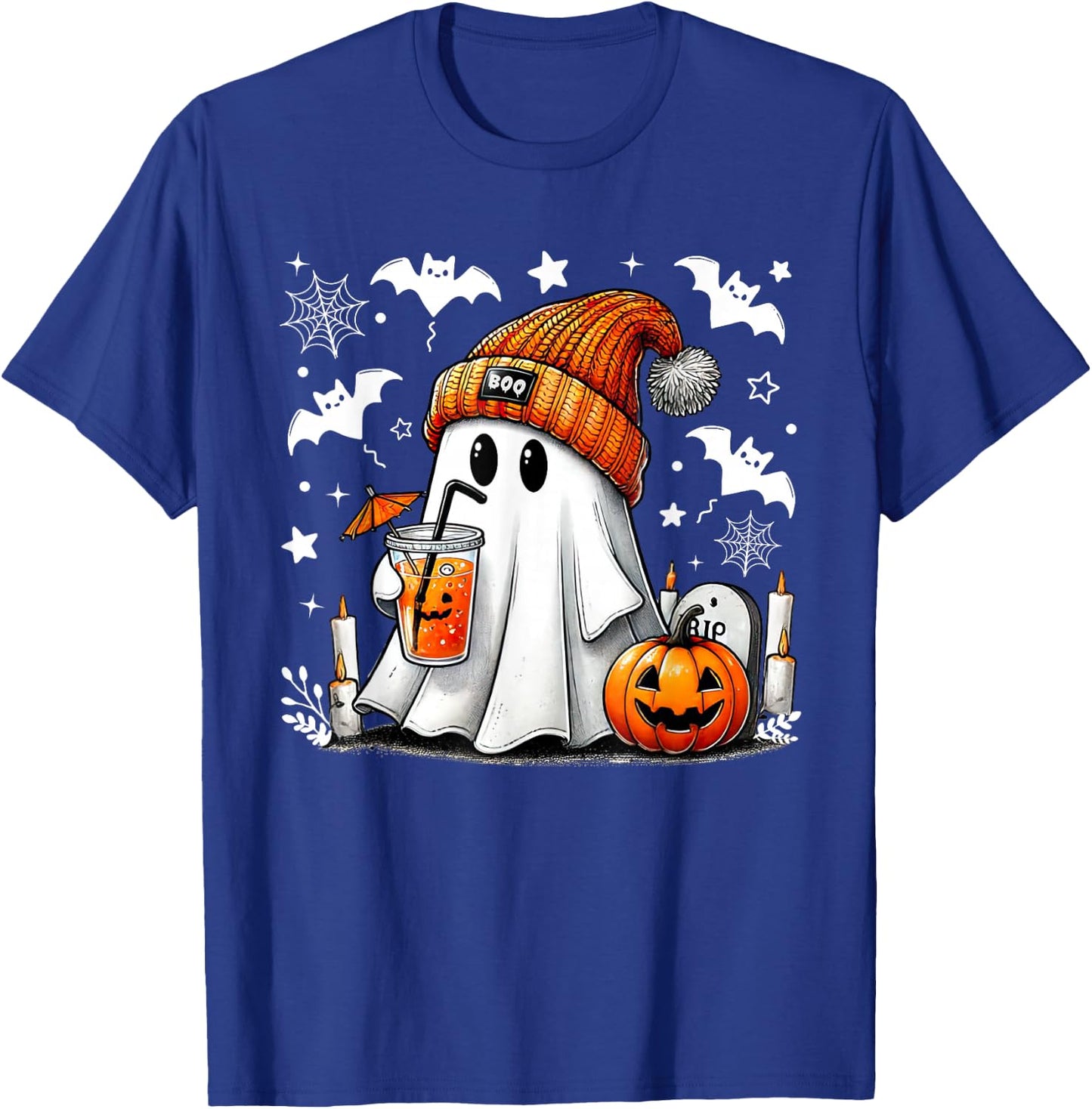 Cute Ghost Drinking Coffee Halloween Ghost Coffee T-Shirt - T-Shirt | Royal