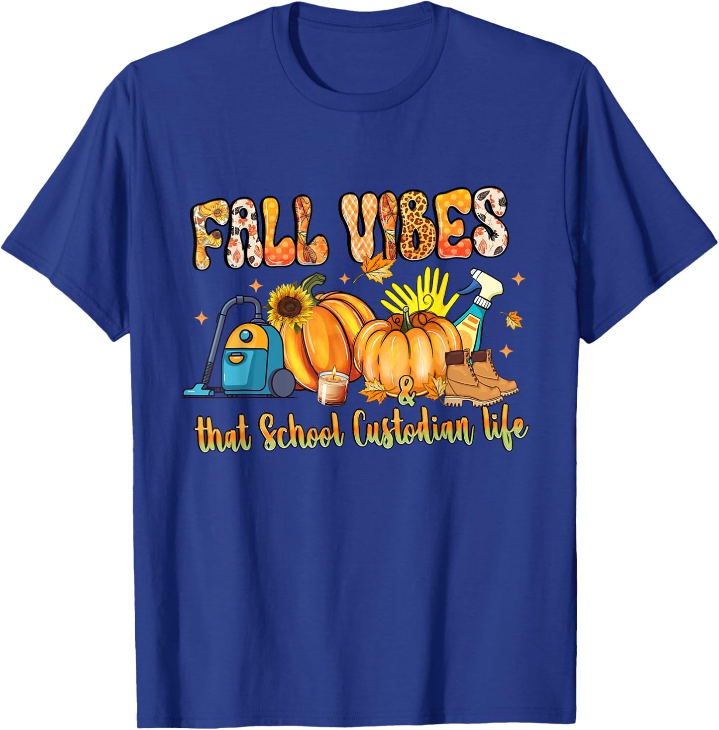 Fall Vibes & That School Custodian Life Pumpkin Leopard T-Shirt - T-Shirt | Royal