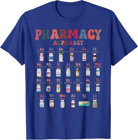 Pharmacy Alphabet Pharmacist Technician Medicine Nurse Pills T-Shirt - T-Shirt | Royal