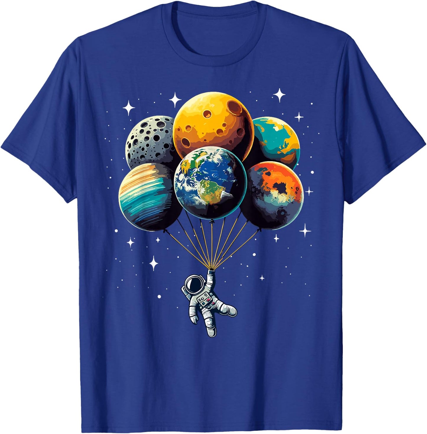 Astronaut Holding Planet Balloons Kids Solar System Space T-Shirt - T-Shirt | Royal