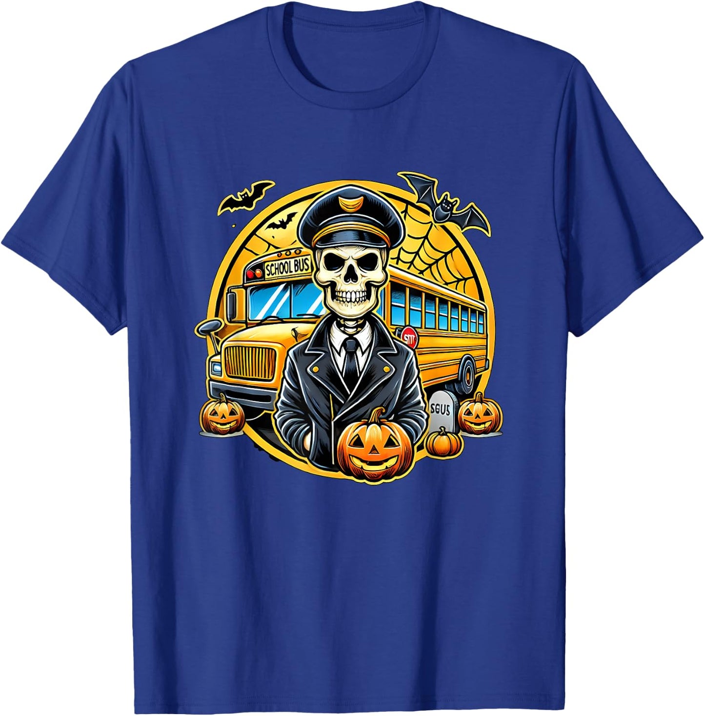 Halloween Skeleton School Bus Driver T-Shirt - T-Shirt | Royal
