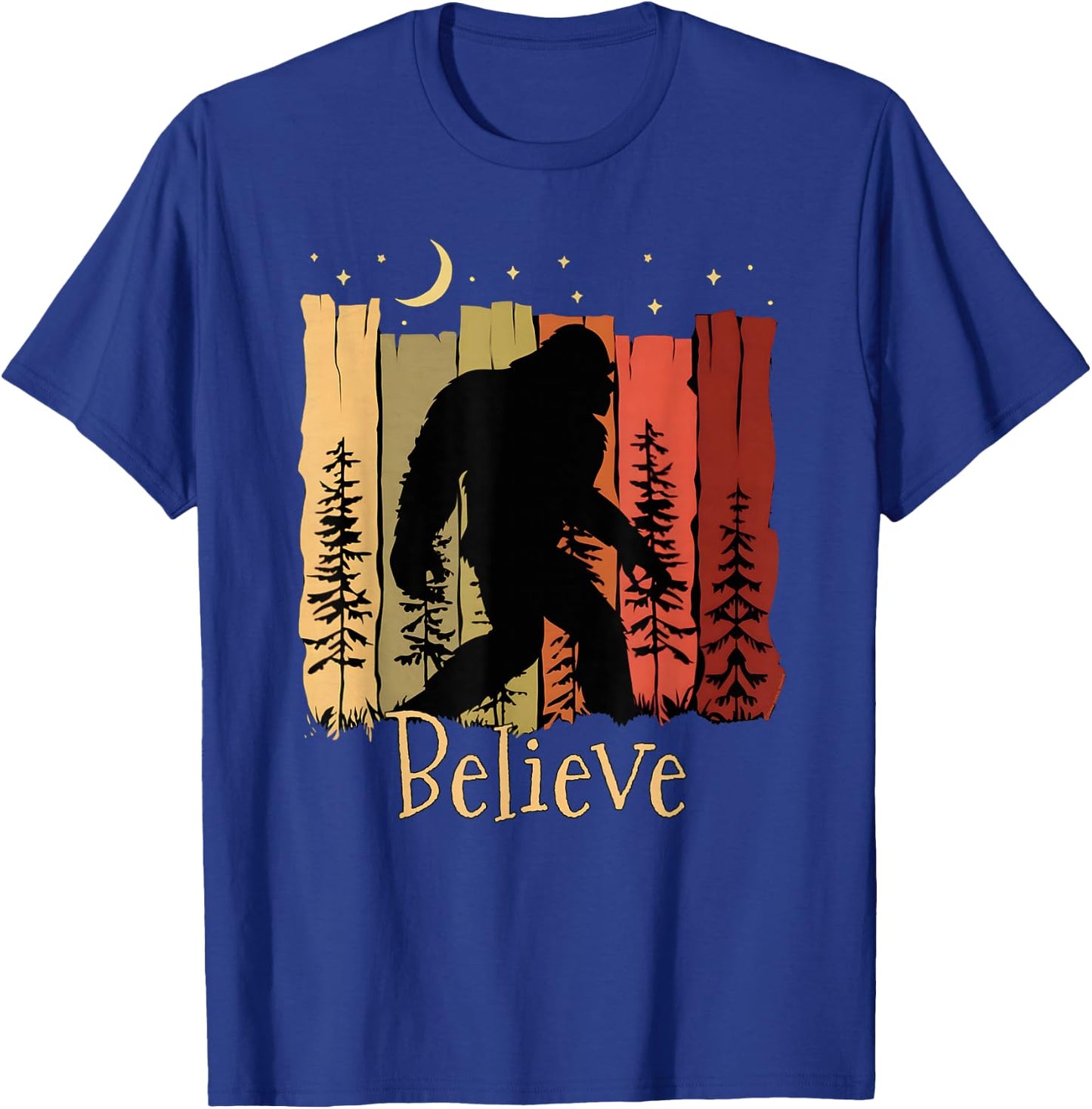 Bigfoot with Trees Moon Stars Sasquatch Believe Bigfoot T-Shirt - T-Shirt | Royal