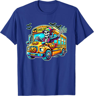 Halloween Skeleton School Bus Driver T-Shirt - T-Shirt | Royal