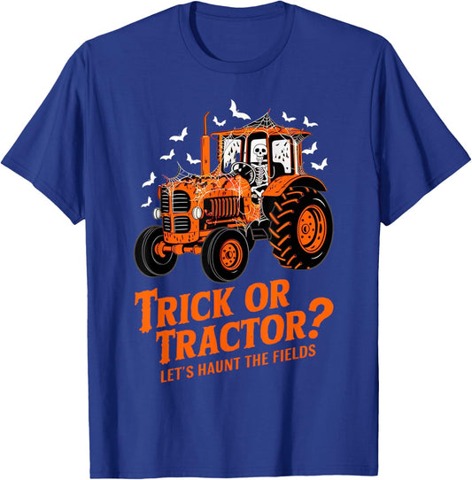 Funny Farmer Costume Halloween Spooky Skeleton Drive Tractor T-Shirt - T-Shirt | Royal