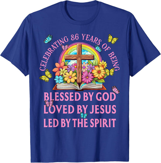Blessed By God For 86 Years Rainbow And Cross Birthday T-Shirt - T-Shirt | Royal