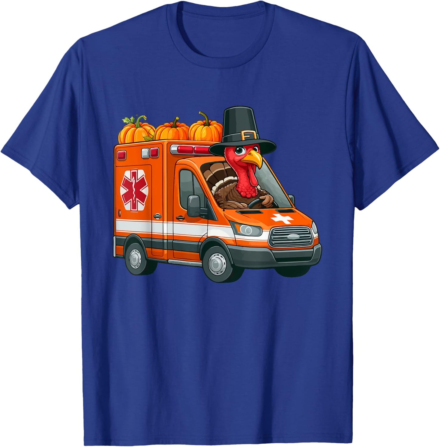 Turkey Driving Ambulance Thanksgiving Driver Fall Pumpkins T-Shirt - T-Shirt | Royal