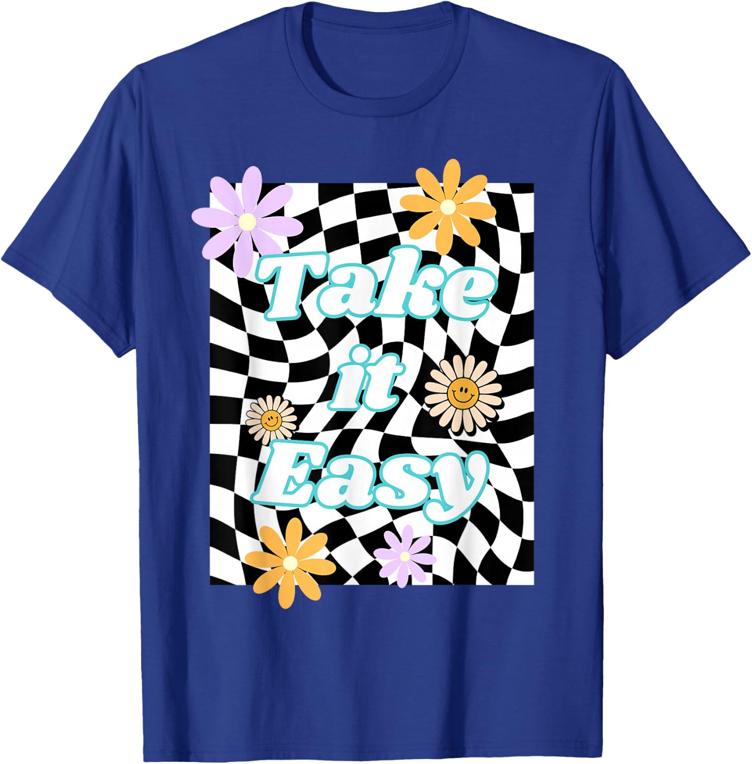 Take It Easy Checkered Groovy Smile Daisy Retro Flower T-Shirt - T-Shirt | Royal