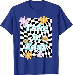 Take It Easy Checkered Groovy Smile Daisy Retro Flower T-Shirt - T-Shirt | Royal