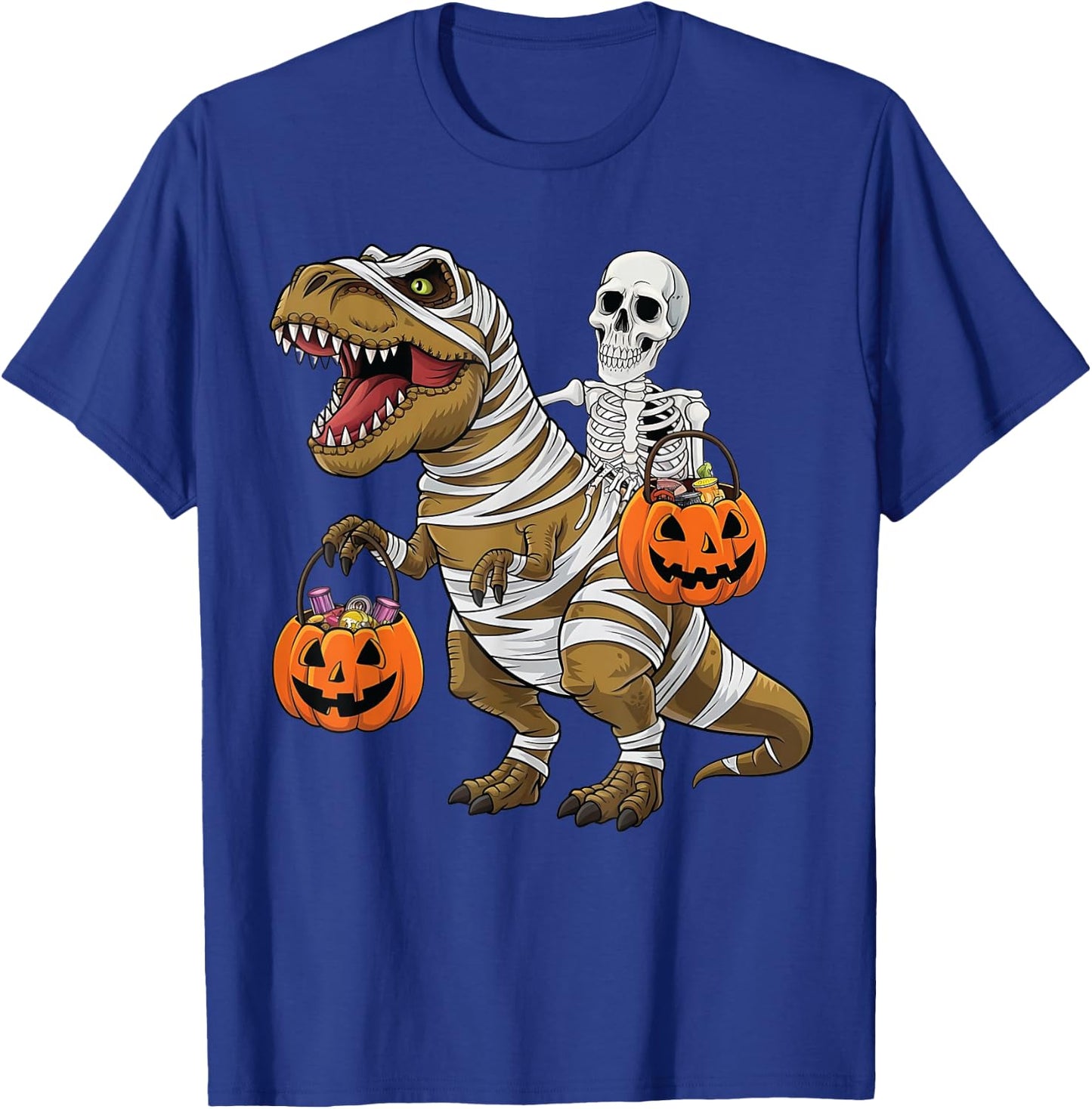 Skeleton Riding Mummy Dinosaur T rex Halloween Funny Pumpkin T-Shirt - T-Shirt | Royal