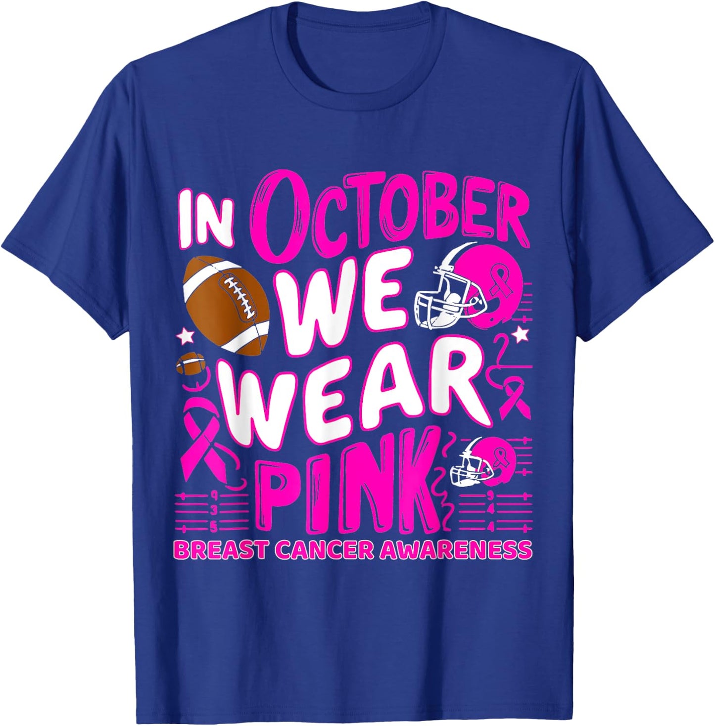 In October We Wear Pink Breast Cancer Football Halloween T-Shirt - T-Shirt | Royal
