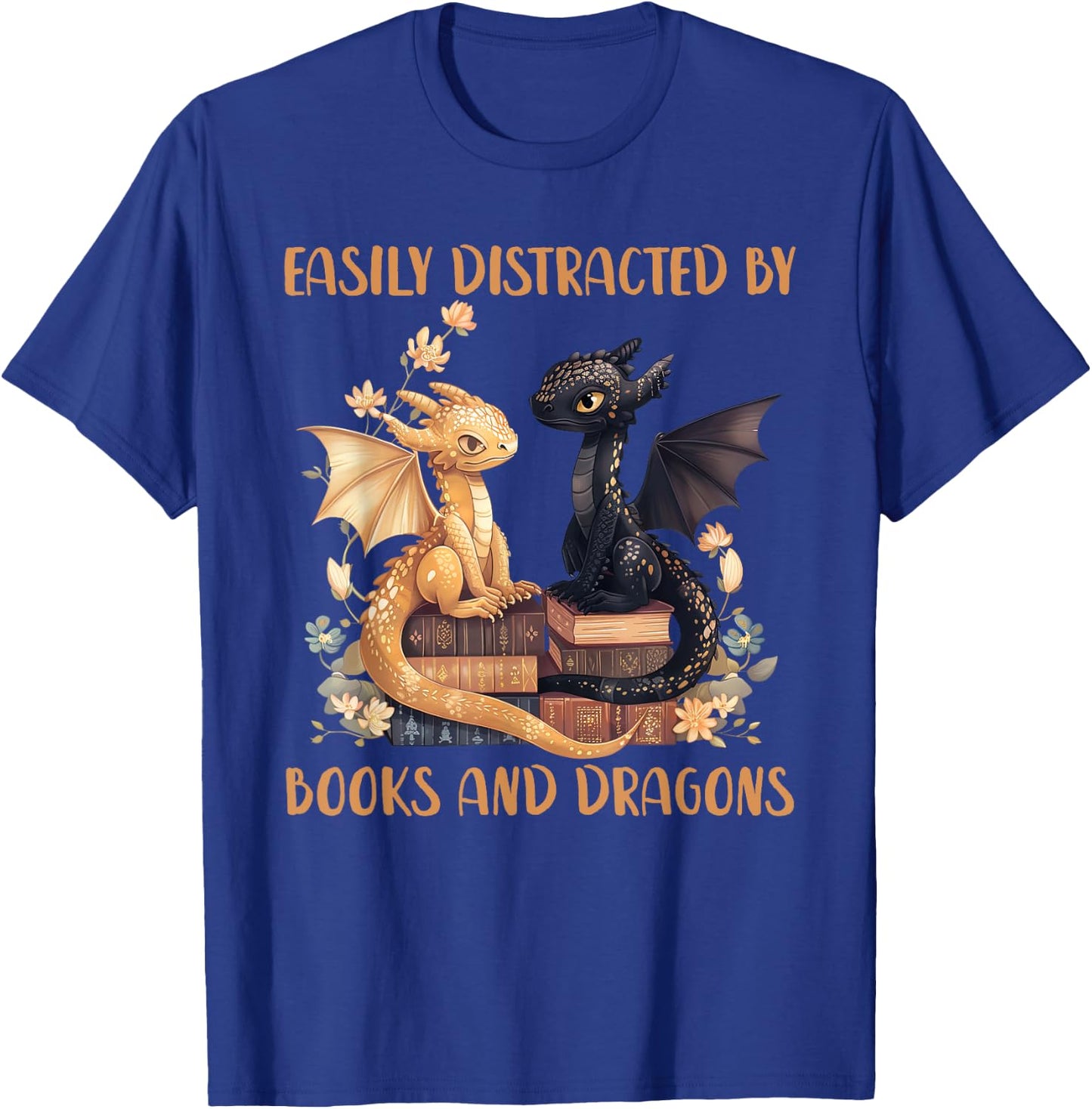 Easily Distracted By Books & Dragons Librarian Book Lover , Small, Black T-Shirt - T-Shirt | Royal